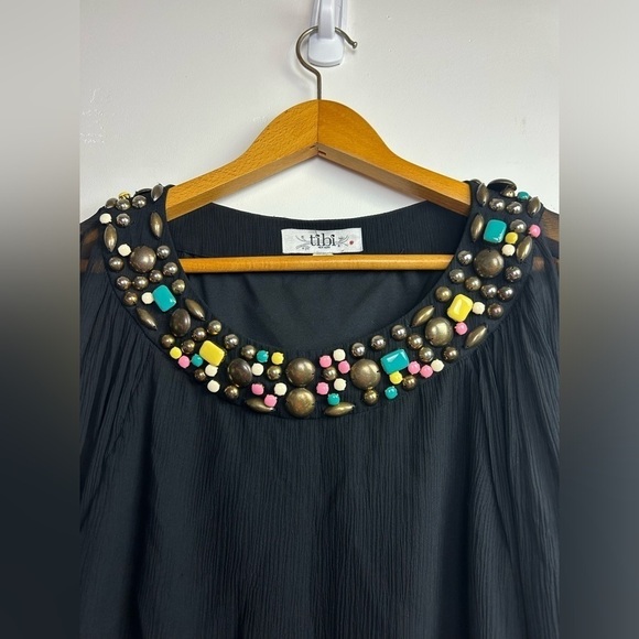 Tibi New York 100% Silk Embellished Neck Tunic Flare Mid Dress Black boho Sz 4 - Picture 3 of 11